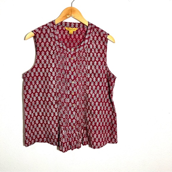 April Cornell Burgundy Sleeveless Blouse sz L 100% cotton pleated red floral - Picture 1 of 6